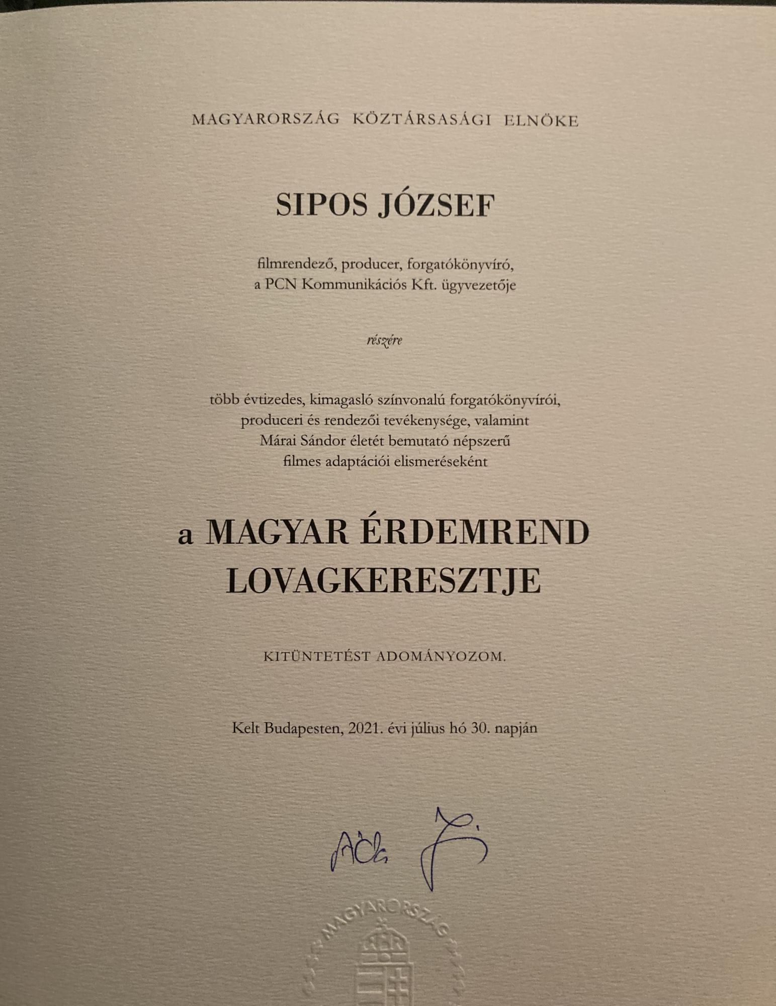 Sipos József kitüntetése