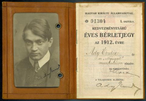 Ady Endre fényképes vasúti bérlete, 1912