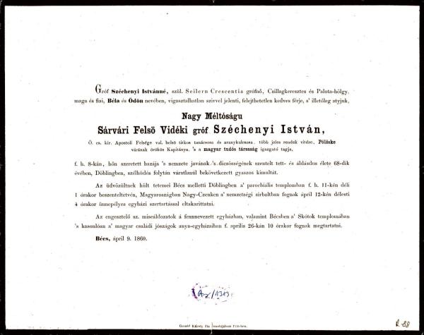 A „legnagyobb magyar” családja által kiadott gyászjelentés: Széchenyi István „élete 68. évében szélhüdésben váratlanul elhunyt…”